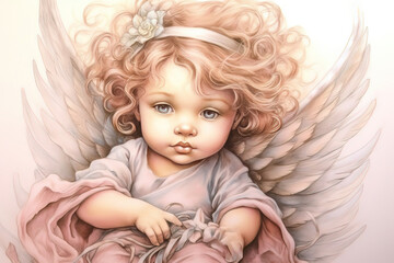 Fototapeta premium illustration of cute little angel with wings. AI generated