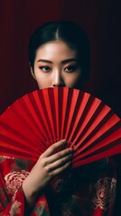 A beautiful Asian woman wearing traditional Chinese dress and holding a fan in an ancient asian house
