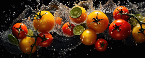 Fototapeta na wymiar Photo of red and yelow tomatoes in splashes of water. generative ai