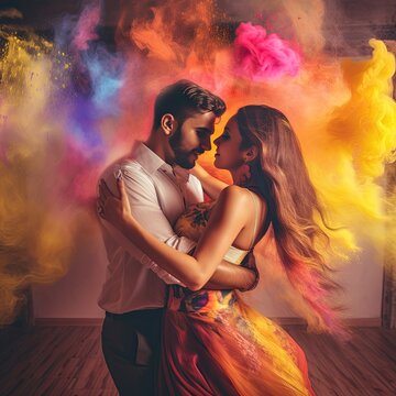 latin couple in love dancing against a colorful background