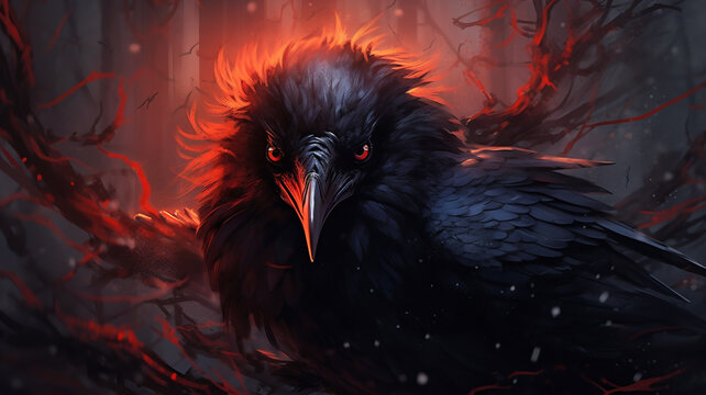 Black Raven with Aura of Red Backlit Aura - Halloween Horror Illustration Concept - Generative AI