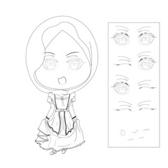 Coloring Book for Chibi Cute Maid Hijab Women with various available eyes and lips.eps10