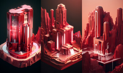 Bundle of 3: 3D ruby game design isometric islands concept render art in a minimalist and modern style