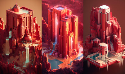 Bundle of 3: 3D ruby game design isometric islands concept render art in a minimalist and modern style