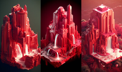 Bundle of 3: 3D ruby game design isometric islands concept render art in a minimalist and modern style