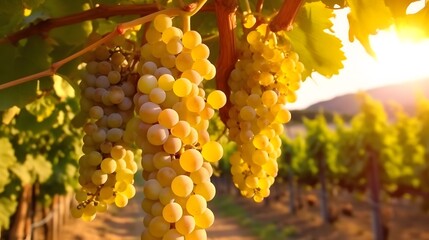 Ripe grapes in vineyard at sunset, Tuscany, Italy. Bunch of white grapes in vineyard at sunset, close up.