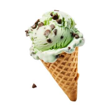 a scoop of mint chocolate chip ice cream on a cone isolated on a transparent background, generative ai