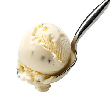 a scoop of vanilla bean ice cream on a spoon isolated on a transparent background, generative ai