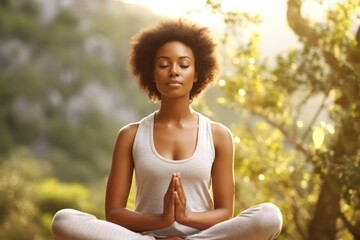 A close - up shot of a young woman practicing yoga in a peaceful outdoor setting. Generative AI