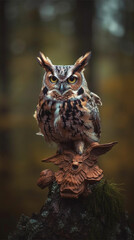 Wild horned owl in the forest during autumn (close-up) - Vertical
