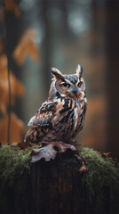 Wild horned owl in the forest during autumn (close-up) - Vertical