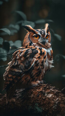 Wild horned owl in the forest during autumn (close-up) - Vertical