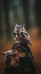 Wild horned owl in the forest during autumn (close-up) - Vertical