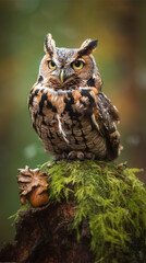 Wild horned owl in the forest during autumn (close-up) - Vertical