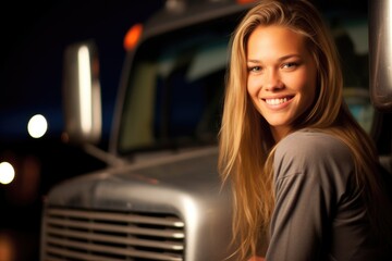Obraz na płótnie Canvas A young female truck driver as she poses in front of her truck with a warm smile. Generative AI