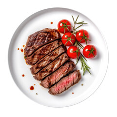 Delicious Grilled Steak with Roasted Tomatoes and Herbs on a Transparent Background - obrazy, fototapety, plakaty