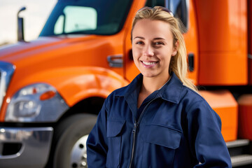 A young female truck driver as she poses in front of her truck with a warm smile. Generative AI