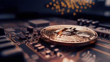 Fototapeta na wymiar Münze eines Bitcoins auf einer Platine (KI-/AI-generiert)