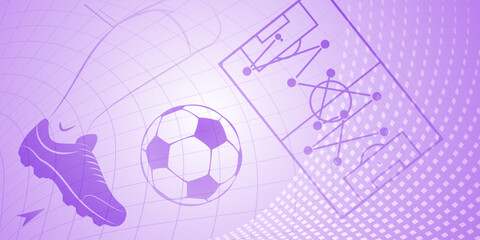 Abstract soccer background with big football ball and other sport symbols in purple colors