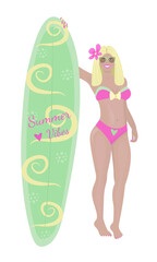 Slim blonde woman with a sailboard, bright illustration