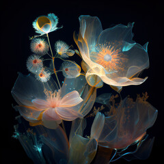 Bouquet of flowers. Shining magical neon flowers isolated on a black background.