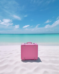 Coastal Charm: Vertical Photo of Aesthetic Pink Suitcase on White Sandy Beach with Calm Blue Sea and Sunshine