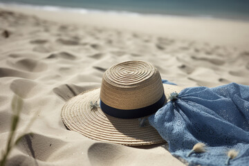 Fototapeta na wymiar Seaside Summer Escape: Straw Hat, Blue Blanket, and Serene Sandy Beach