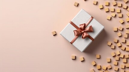 Gift box and bow on neutral background