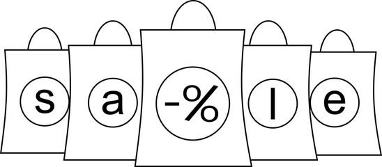 simple black and white graphic drawing of paper bags from the store, isolated element, decor