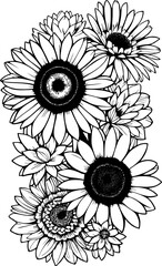 black graphic drawing of a bouquet of flowers without background, isolated element, decor