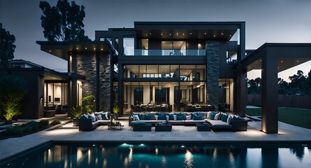 Photo of a stunning modern house with a beautiful outdoor pool and comfortable seating area