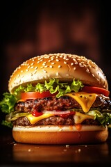 a Close up of a Fantastic and Huge Hamburger, Double Hamburger, Tomato, Salad, Cucumbers and Ketchup. Commercial Shot. Generative AI.