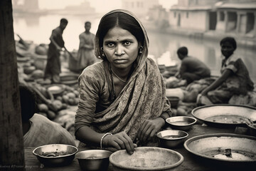 Portrait in B&W of an Indian woman wearing traditional clothes while working in an urban setting in India.