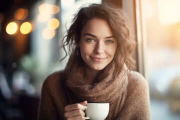 A young woman enjoying a cup of coffee at a trendy cafe. Generative AI
