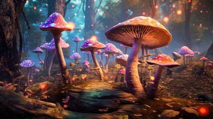 Fantasy giant mushroom growing in enchanted forest