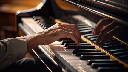 Photo closeup of human hands playing the piano - obrazy, fototapety, plakaty
