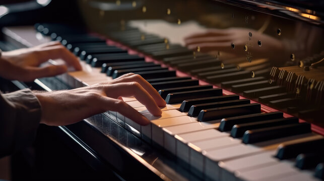 Photo closeup of human hands playing the piano