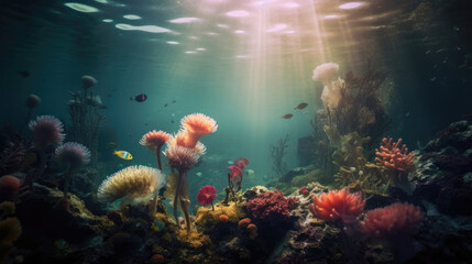 Fototapeta na wymiar Underwater view of blue sea with coral reefs growing on the seabeU