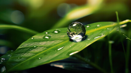 Drop of water on green leaf