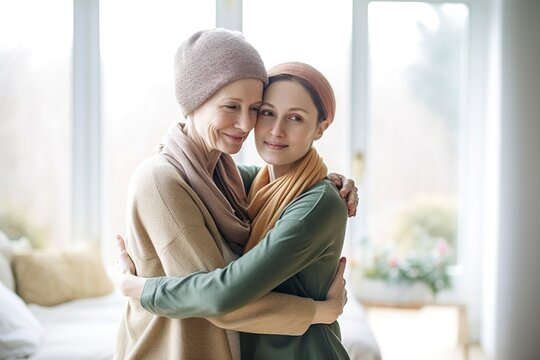 Woman hugs her mother, sick with cancer. Ai generated.