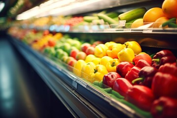 Fruits and vegetables in the refrigerated shelf of a supermarket.Ai generated