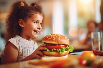 Girl eats a real meat hamburger, food with little nutritional quality. ai generated