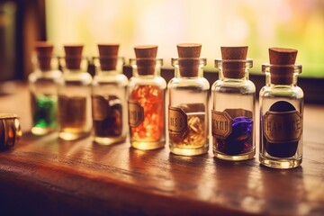 Glass bottles filled with herbal essences bring natural healing in alternative medicine. AI Generated