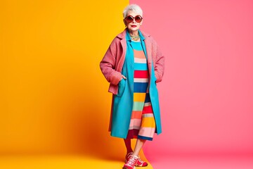 Older woman in funny and colorful clothes smiles and shows active and vitality. Ai generated.