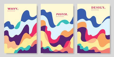 Colorful wavy and fluid background template copy space set. Dynamic shapes backdrop design for poster, banner, leaflet, pamphlet, cover, magazine, flyer, booklet, or brochure.