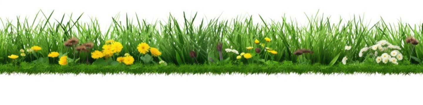 green grass, dandelions and clovers, isolated on white background, poster, banner