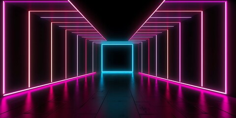 3d render. wallpaper and Illustration background Geometric figure in neon light against a dark...