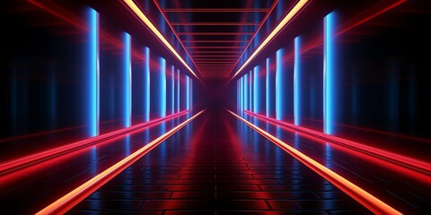3d render. wallpaper and Illustration background Geometric figure in neon light against a dark tunnel. Laser glow 