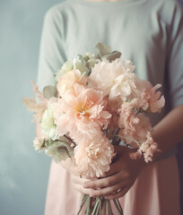 Woman holding bouquet of flowers.