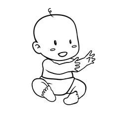 Little baby illustration, baby drawing, baby lineart, white background, baby making hand gestures
